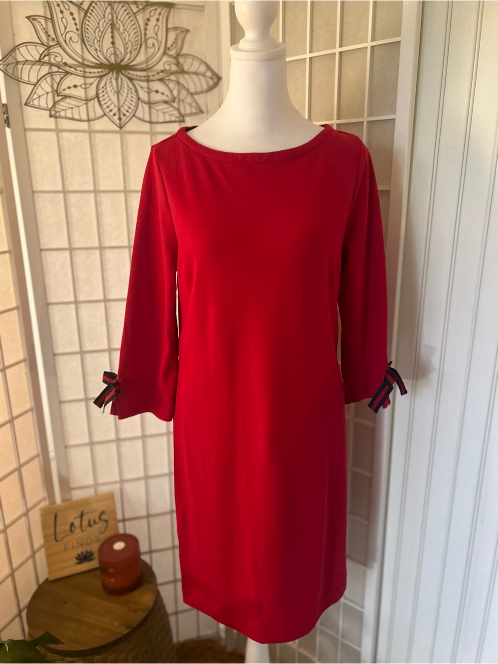 Talbots Red Cotton Shift Dress Bow Cuffs Medium Petite NWT
